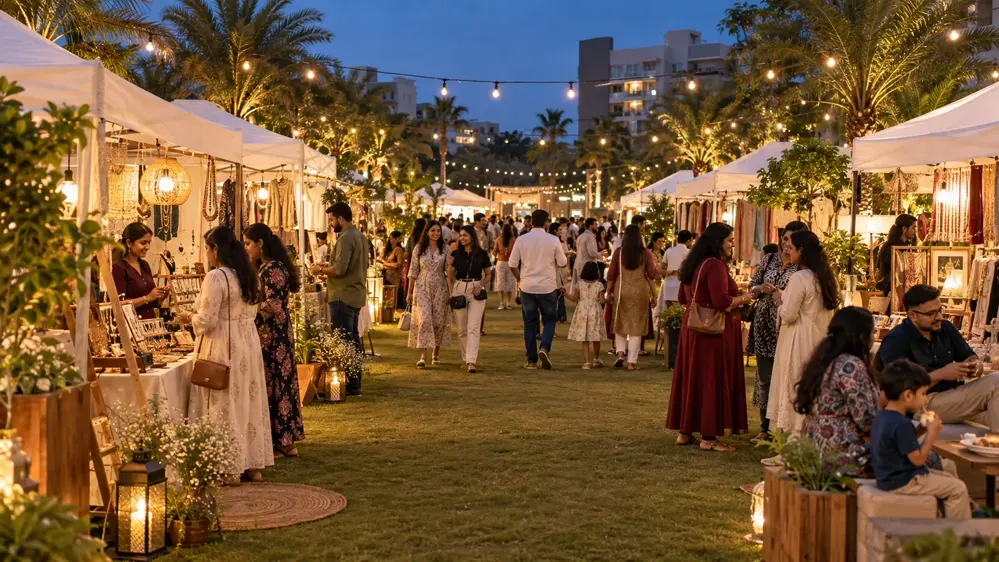Guests gathering at an illuminated MN Events evening market