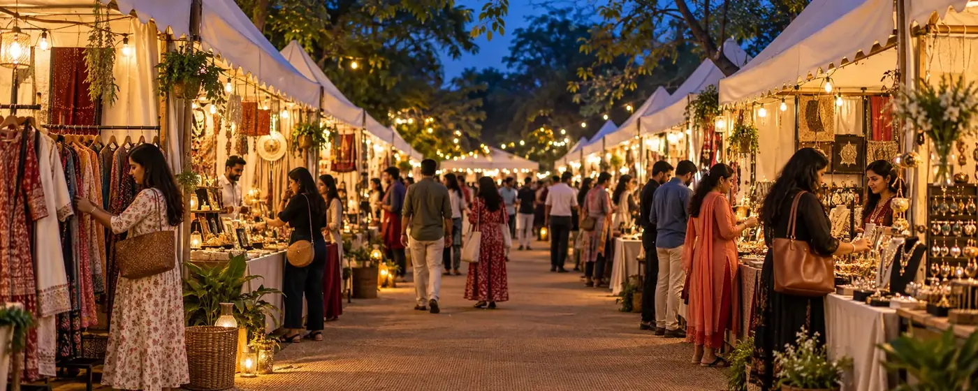 Warmly lit market stalls at an upcoming MN Events flea market