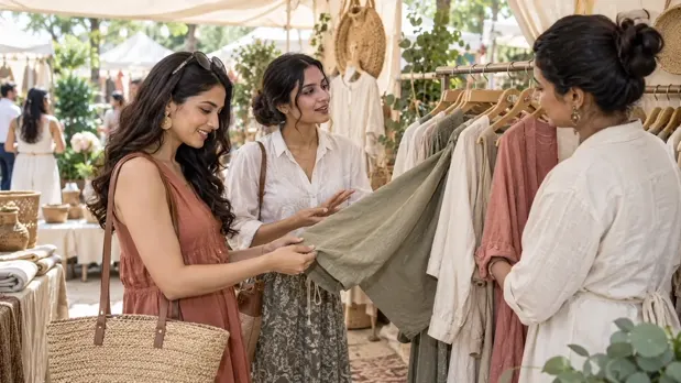 Shoppers exploring clothing at a flea market