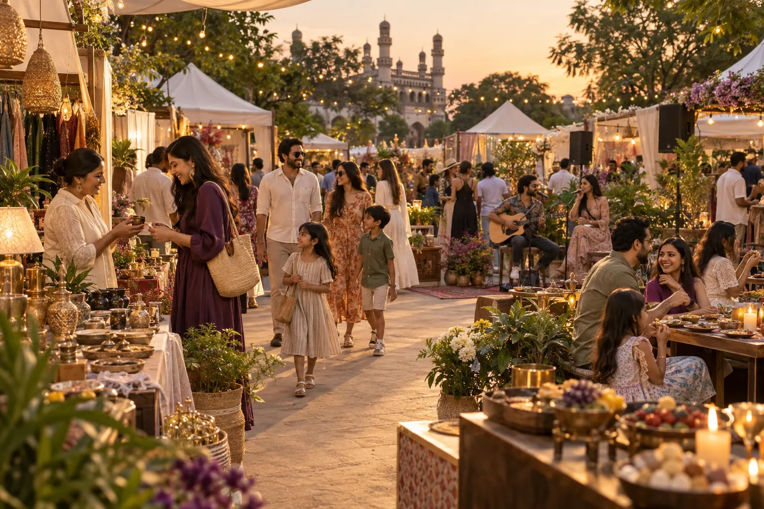 Evening crowd enjoying live music and food stalls at a Nexora edition