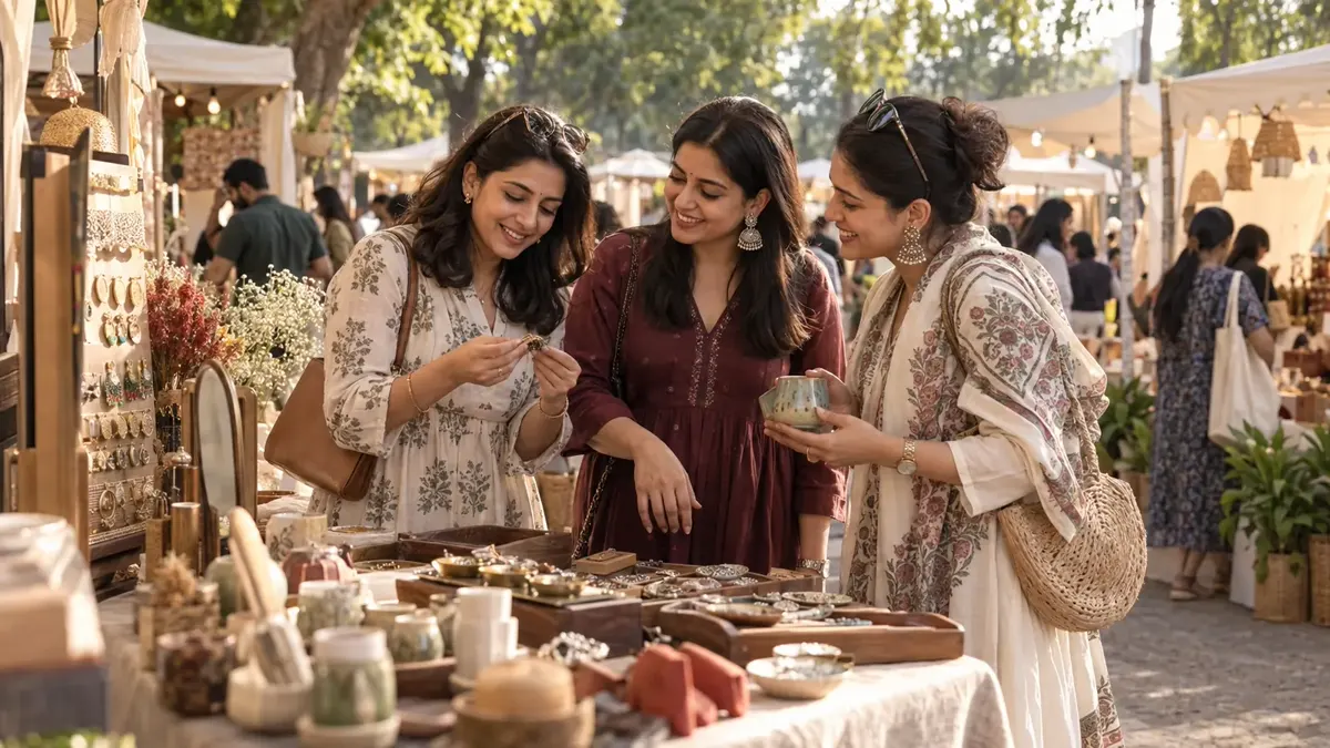 Women discovering products at an outdoor MN Events marketplace