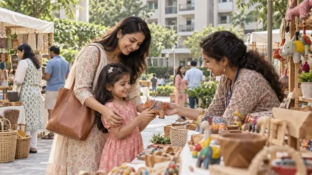Families enjoying a marketplace in a residential community